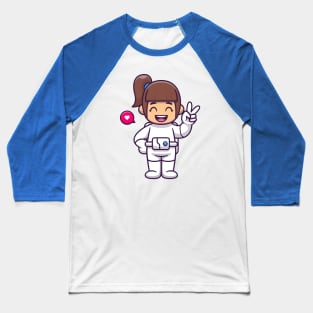 Cute Girl Astronaut With Peace Hand Cartoon Baseball T-Shirt